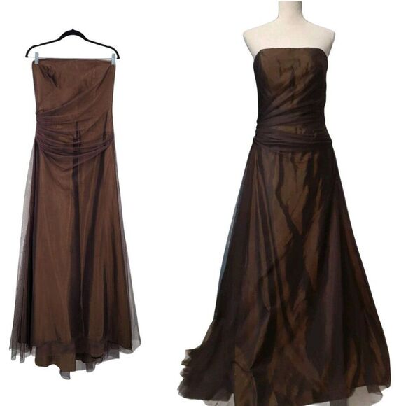Vera Wang Vtg Strapless Ruched A-line Brown Formal Gown Tulle Overlay Sz 10 - Picture 1 of 14